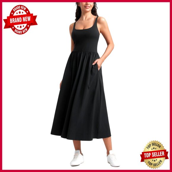 Flowy Maxi Dress with Square Neck, Built-in Bra, Side Pockets Flowy Maxi Dress with Square Neck, Built-in Bra, Side Pockets
